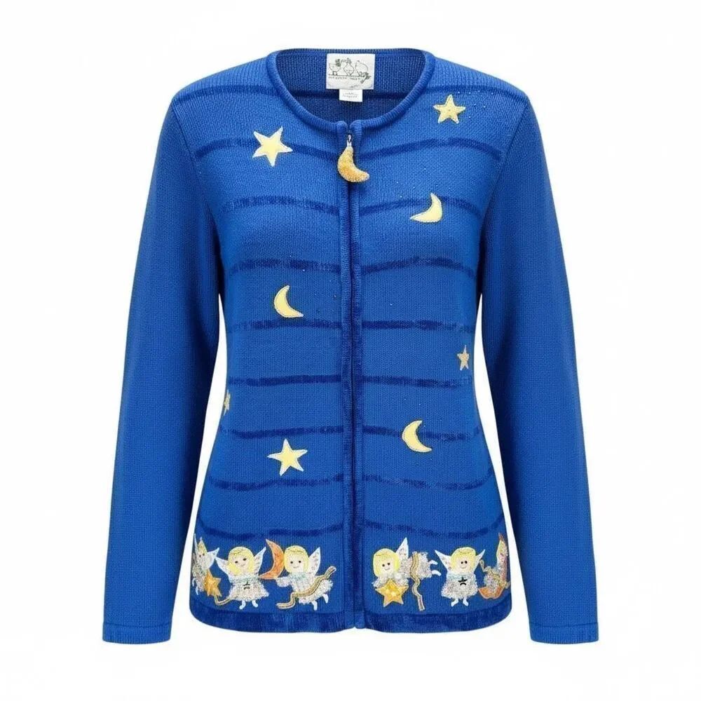New Quacker Factory Blue Angel Moon Star Zip Cardigan Sweater Beaded Christmas S